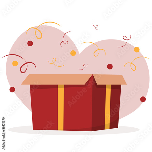 surprise red gift box, birthday celebration, special give away package, loyalty program reward, wonder gift with exclamation mark, vector icon, flat illustration