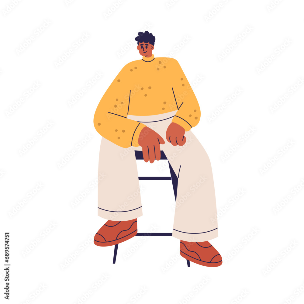 Young black man sitting on stool. African-American male model posing in seated position. Smiling modern guy on chair in posture for shooting. Flat vector illustration isolated on white background