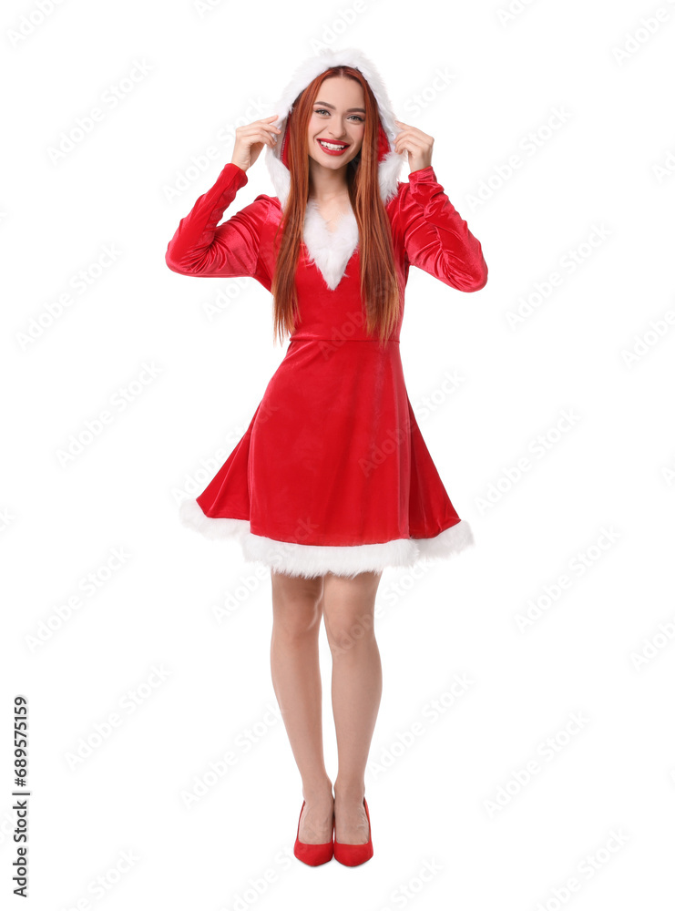 Young woman in red dress on white background. Christmas celebration Young woman in red dress on white background. Christmas celebration