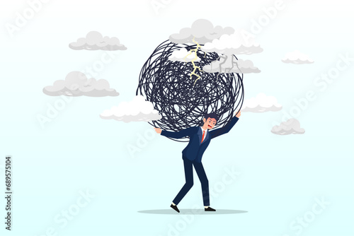 Tried exhausted businessman carrying heavy messy line on his back, stress burden, anxiety from work difficulty or overload, problem in economic crisis or pressure from too much responsibility (Vector)