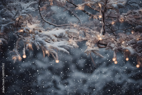 Branches decorated with twinkling lights in winter style background
