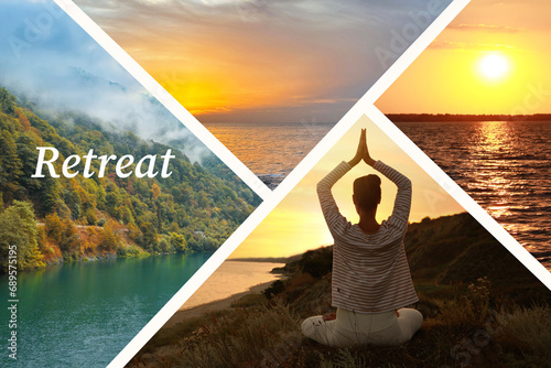 Wellness retreat. Collage with photos of beautiful landscapes and meditating woman photo