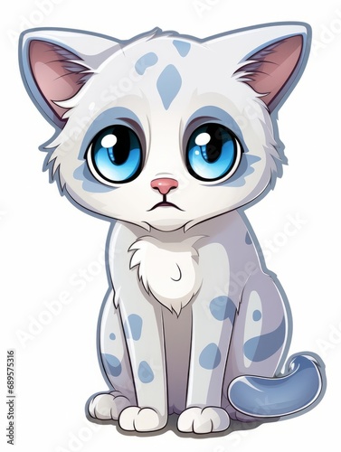 Cartoon sticker white hungry kitten on white background isolated  AI