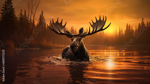 Moose in the water at sunset © Rimsha