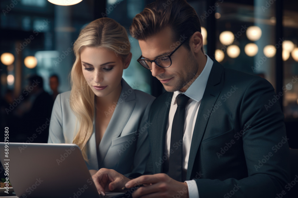 Two professionals working on laptop. Concept of teamwork and collaboration. Two professionals working on laptop. Concept of teamwork and collaboration.
