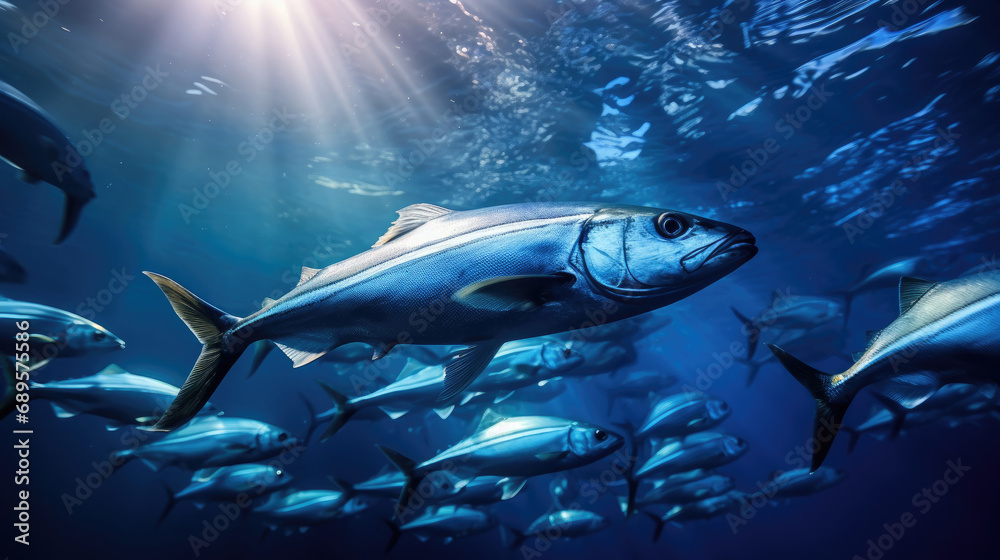 Naklejka premium A large group of Sardines fish swimming in the ocean. Suitable for underwater or marine-themed designs, educational materials, wildlife conservation awareness, and nature documentaries.Underwater fish