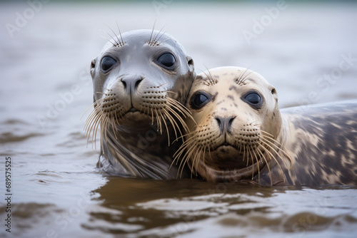 a pair of seals hugging