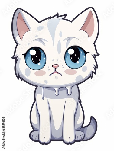 Cartoon sticker white hungry kitten on white background isolated, AI