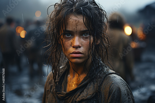 Portrait for wet woman in rain as survivor photo