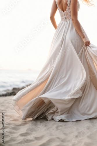 A beautiful attractive bride is a woman wearing a fashionable stylish long wedding dress and a veil curling in the wind by the white sandy seashore. Cropped photo.
