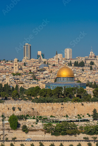 View of Jerusalem, Israel, featuring the shiny Dome of the Rock on the Temple Mount