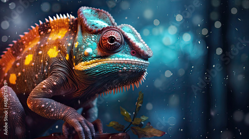 Chameleon changing colors to match Christmas lights, in a winter scene Ai Generative © SK