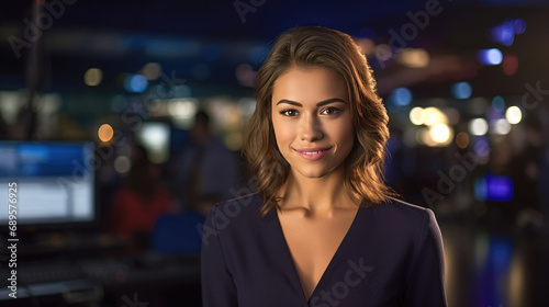 Beautiful female TV news anchor in news studio photo
