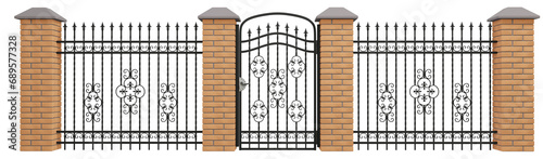 Elements of forded fence with brick supports and a gate. Wrought iron fence. 3D render. PNG file. photo