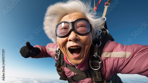 Senior woman is parachuting, jumping with a parachute