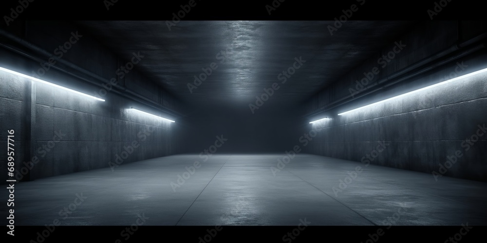 Fototapeta premium Dark Concrete Led White Lights Underground Tunnel Corridor Cement Asphalt Hallway Warehouse Tunnel Corridor Metal Structure Realistic Empty 3D, Generative AI