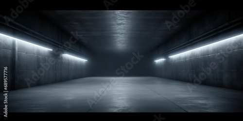 Dark Concrete Led White Lights Underground Tunnel Corridor Cement Asphalt Hallway Warehouse Tunnel Corridor Metal Structure Realistic Empty 3D, Generative AI photo