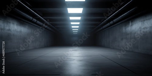 Dark Concrete Led White Lights Underground Tunnel Corridor Cement Asphalt Hallway Warehouse Tunnel Corridor Metal Structure Realistic Empty 3D, Generative AI © Emotion Gallery