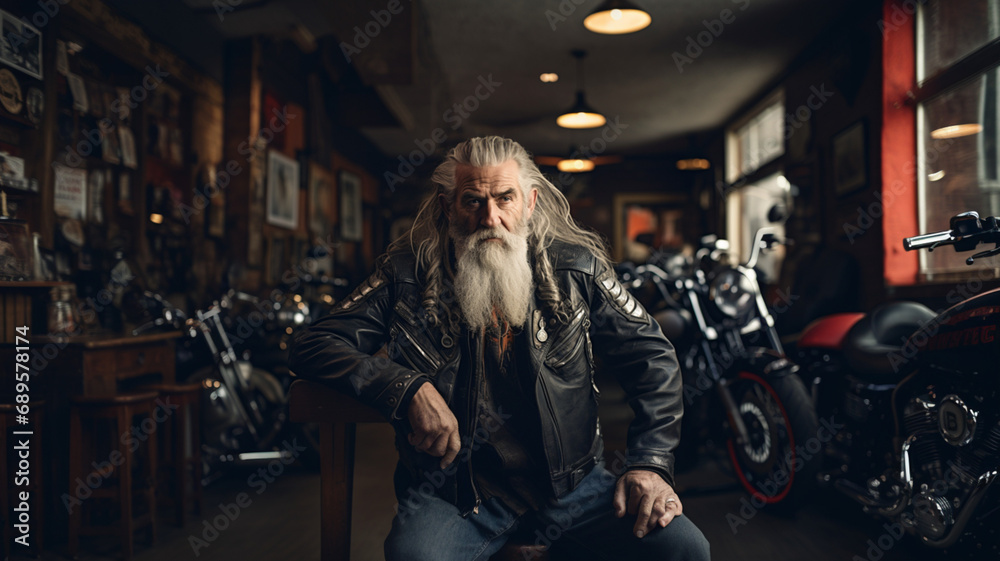 ritratto di motociclista in officina vintage