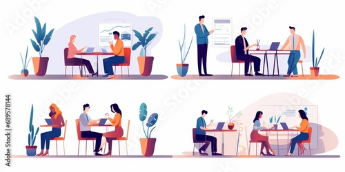 Corporate discussion illustration set. Colleagues meeting at table, discussing project at workplaces. Communication concept. illustration for topics like business, partnership, Generative AI