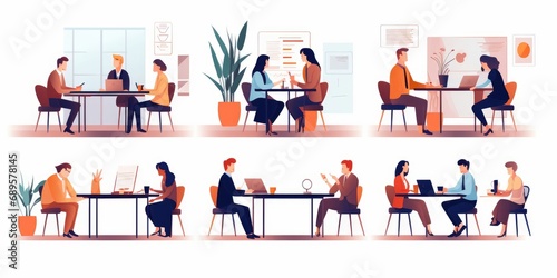 Corporate discussion illustration set. Colleagues meeting at table, discussing project at workplaces. Communication concept. illustration for topics like business, partnership, Generative AI © Color Chronicles