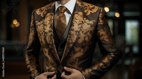 AI generated illustration of a man dressed in a brown suit with a stylish gold paisley pattern photo