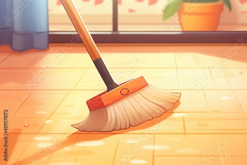 close-up of a broom sweeping hardwood floor