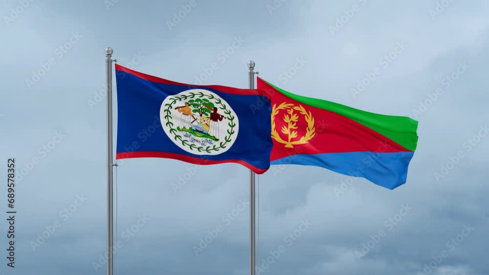 Eritrea and Belize flag waving together on cloudy sky, endless seamless loop, two country cooperation concept Eritrea and Belize flag waving together on cloudy sky, endless seamless loop, two country cooperation concept