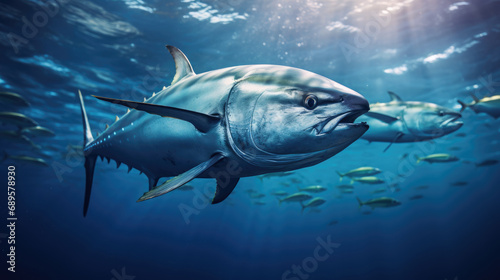 A captivating image capturing a school of tunas gracefully gliding through the ocean. for seafood industry, and oceanic conservation concepts.Underwater wild world with tuna fish © Planetz