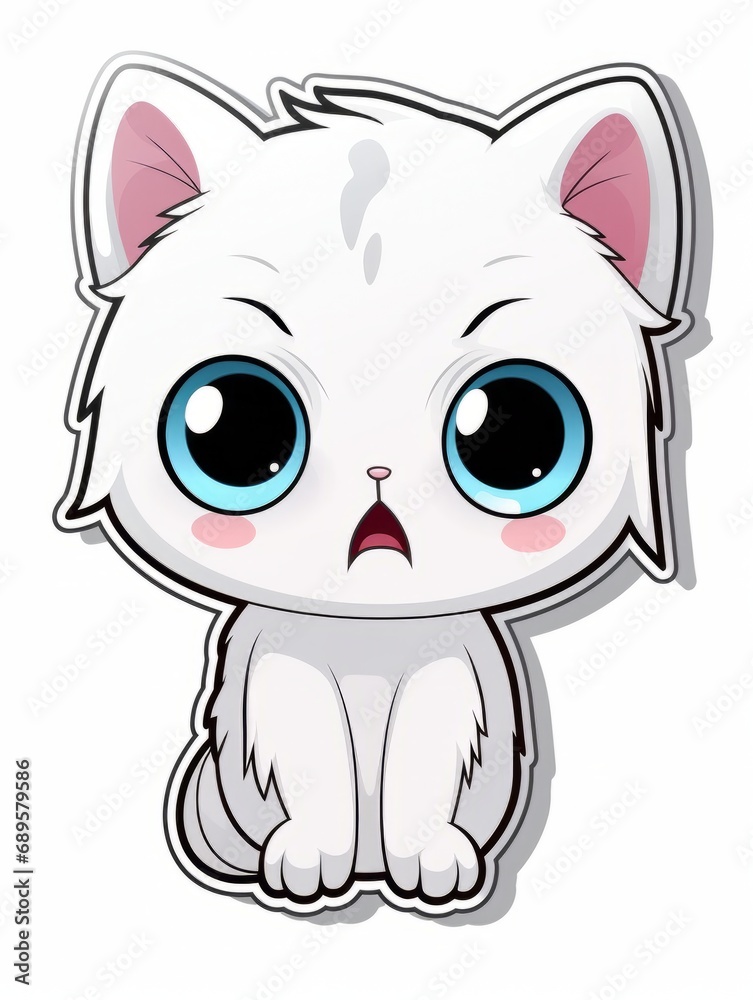 Cartoon sticker white hungry kitten on white background isolated, AI Cartoon sticker white hungry kitten on white background isolated, AI