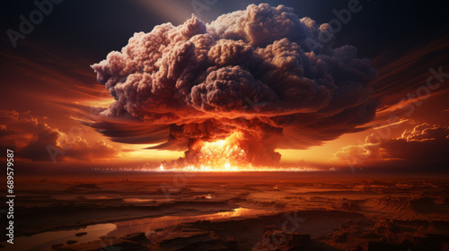 Mushroom cloud of a Nuclear bomb detonation. Photorealistic illustrations. Nuclear explosion. War, world catastrophe, collapse. 
 photo