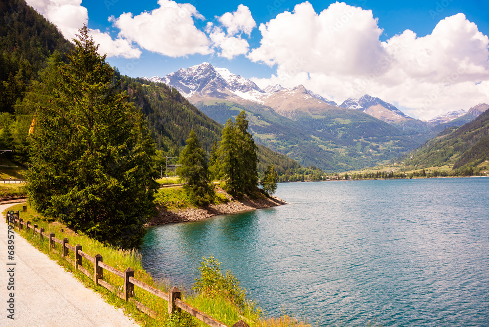 Mountain lake in Swiss alps in summer
