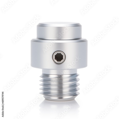 Metal screw on white background, isolated. Thread. Pin. Nut. Bolt. Screw thread. Gudgeon. Threading. Locknut. External screw. Set bolt. Worm. Fastener. Mounting hardware. Supporting. Bracing photo