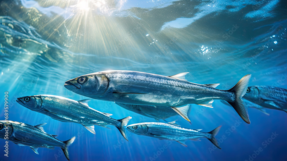Fototapeta premium A large group of Sardines fish swimming in the ocean. Suitable for underwater or marine-themed designs, educational materials, wildlife conservation awareness, and nature documentaries.Underwater fis