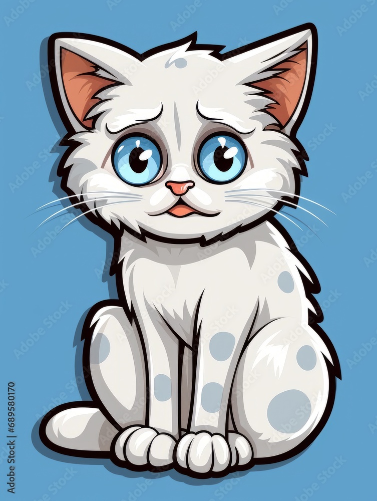 Cartoon sticker white hungry kitten on blue background isolated, AI Cartoon sticker white hungry kitten on blue background isolated, AI