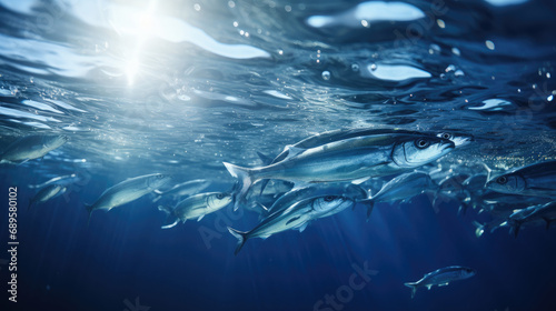  A large group of Sardines fish swimming in the ocean. Suitable for underwater or marine-themed designs, educational materials, wildlife conservation awareness, and nature documentaries.Underwater fis photo