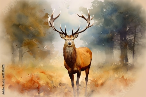Watercolor painting of Portrait of majestic red deer stag in Autumn Fall, Generative AI © Snap Flare
