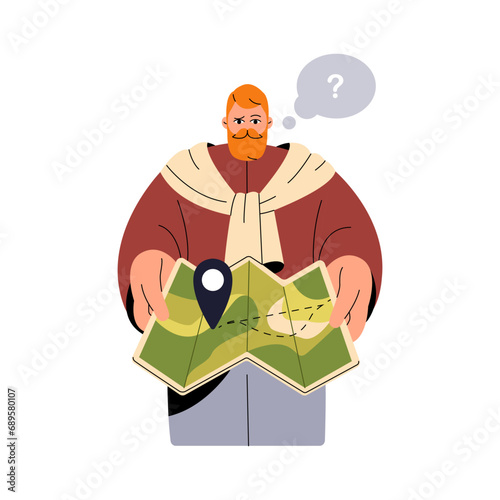 Bearded man with question mark lost. Tourist hold paper map in hands. Puzzled traveler searches route, way, path in travel. Navigate problems. GPS concept. Flat isolated vector illustration on white