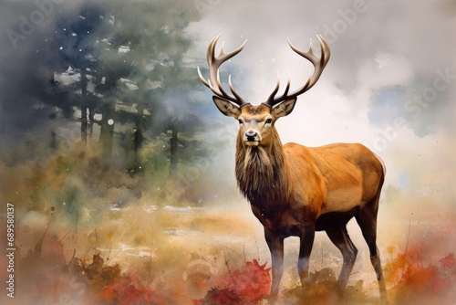 Watercolor painting of Portrait of majestic red deer stag in Autumn Fall  Generative AI