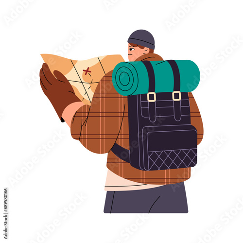 Backpacker searches route, way on paper map in hike. Man in warm outfit travel with backpack, looking journey back view. Sport orienteering, active hobby. Flat isolated vector illustration on white