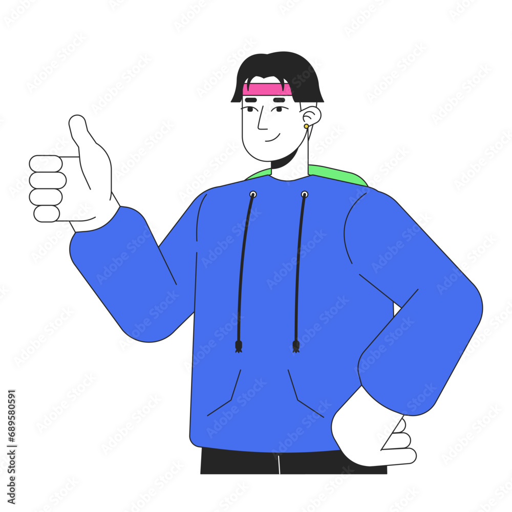 Retro inspired gen z man giving thump up 2D linear cartoon character. Handsome korean male showing support isolated line vector person white background. Nostalgia gesture color flat spot illustration