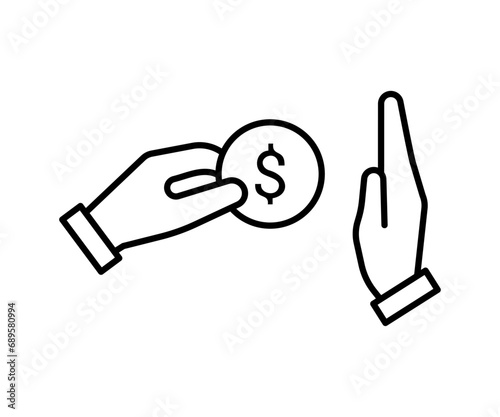 Hand gives money and gets rejected, line icon. Hand holding dollar. Fraud and bribery. Vector photo