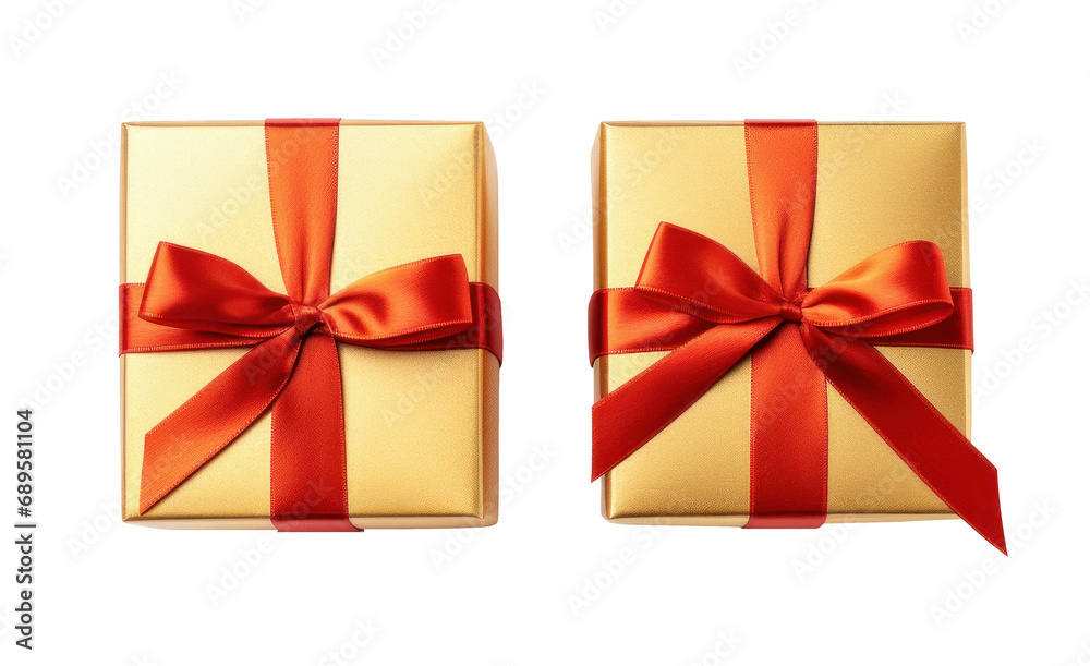 Set of gold festive gift box as a bonus compliment with red ribbon isolated on transparent background Set of gold festive gift box as a bonus compliment with red ribbon isolated on transparent background