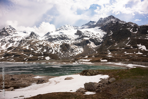 Mountain lake with ice in Switzerland in spring