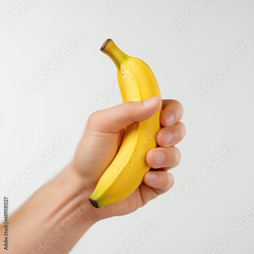 A hand holding up a banana on a grey background. A male hand holding a yellow banana. Fruit. Vitamins. Healthy food. A man and a banana. Ripe tropical fruit. Squeezing a banana. Vegetarian