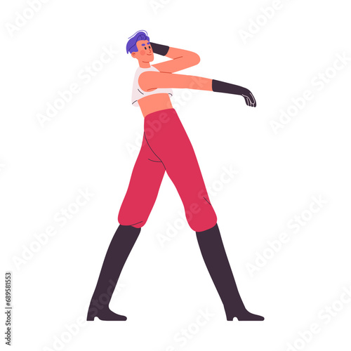 Vogue style performance. Happy dancer performs contemporary dance. Young man in gloves moves arms by modern music. Stylish guy in high boots on party. Flat isolated vector illustration on white