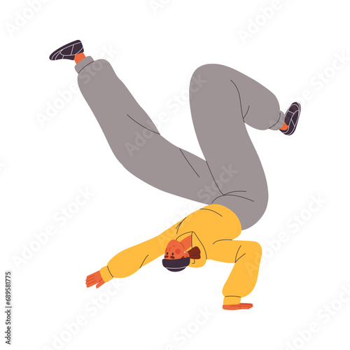 Dancer perform breakdancing. Young man dance in contemporary style. Modern performer in beanie hat in hiphop pose handstand. Freestyle street performance. Flat isolated vector illustration on white