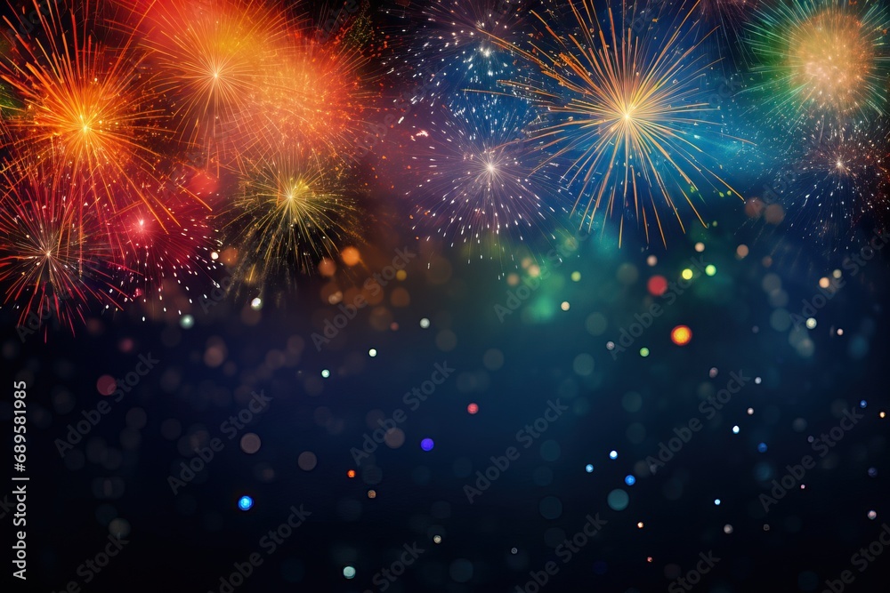 Big explosions of blue, yellow, red and pink fireworks on a black background. Big explosions of blue, yellow, red and pink fireworks on a black background.