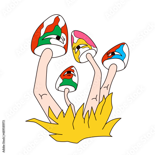 Psychedelic mushrooms in grass groovy style. Cartoon art for logo, poster, banner, icon, clip art, tshirt. Vector illustration isolated on a white background.