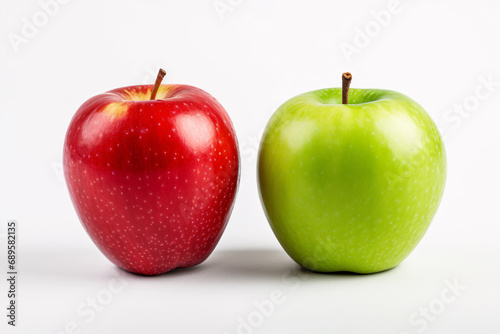 Green and red apple side by side on white background